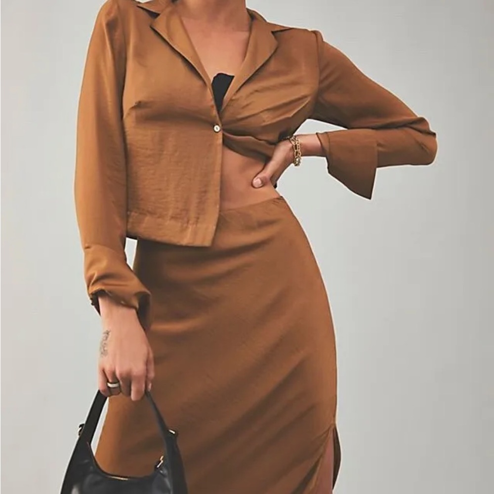 NWT New free people viktoria silky maxi skirt long sleeve top set bronze brown